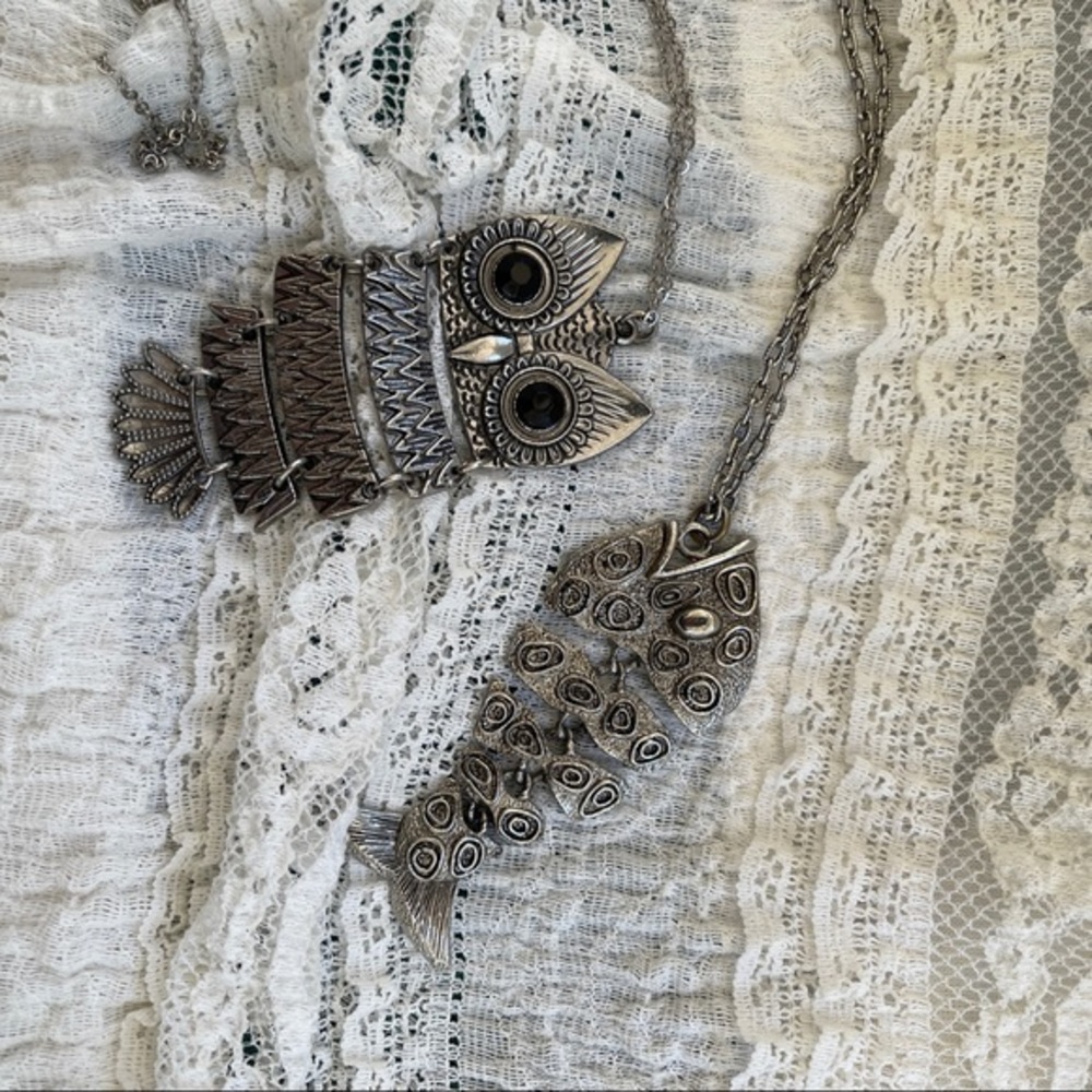 owl and fish articulated necklaces silver tone